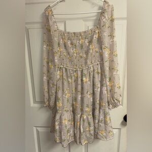 Beige Floral Smocked Dress